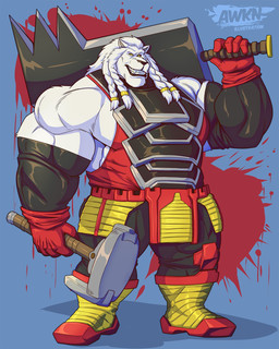 anthro armor black_sclera fur hammer male melee_weapon muscular muscular_male solo sword tools weapon white_body white_fur yellow_eyes awkn_arts image_comics invincible_(image_comics) thokk_(invincible) alien felid lion mammal pantherine 4:5 better_version_at_source hi_res