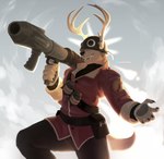 alternate_species anthro antlers armor bottomwear claws clothed clothing cloud explosion explosives fur furrification grenade grey_background grey_sky gun headgear helmet holding_gun holding_object holding_ranged_weapon holding_weapon horn male open_mouth pants ranged_weapon red_clothing red_topwear rocket_jump rocket_launcher shirt simple_background sky smile solo tail teeth topwear weapon teamfurtress team_fortress_2 valve soldier_(team_fortress_2) canid canine canis domestic_dog mammal 2024 absurd_res digital_drawing_(artwork) digital_media_(artwork) hi_res