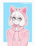 anthro clothing eyebrow_through_hair eyebrows eyelashes eyewear fake_ears fur glasses hair hoodie male pink_clothing pink_eyes pink_hoodie pink_topwear simple_background smile solo topwear translucent translucent_hair white_body white_fur white_hair aamakuruu deltarune undertale_(series) ralsei bovid caprine darkner goat mammal 2023