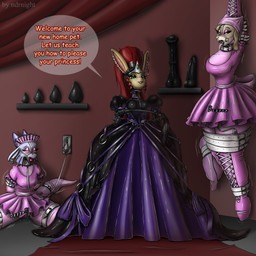 anthro bdsm bondage bound breasts clothing collar dominant dominant_female dress dungeon female female/female gown group latex leash long_dress princess royalty trio whip ndrnight mythology april_(eligitine) night_(ndrnight) dragon felid feline lagomorph leporid mammal mythological_creature mythological_scalie rabbit scalie 1:1 absurd_res hi_res