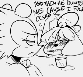 anthro blush bodily_fluids crying dialogue drunk duo female frown makeup running_makeup substance_intoxication tears text noodle-lu animal_crossing nintendo isabelle_(animal_crossing) label_able canid canine canis domestic_dog eulipotyphlan hedgehog mammal shih_tzu toy_dog english_text monochrome