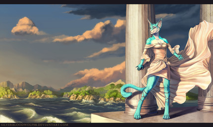anthro big_ears biped blue_body blue_eyes blue_fur cheek_tuft chest_tuft claws clothed clothing cloud column detailed_background digitigrade dress facial_tuft female fur inner_ear_fluff mountain outside pink_nose sea sky solo standing toe_claws tuft water wind silverbloodwolf98 techiesxc domestic_cat felid feline felis mammal hi_res