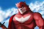 anthro black_eyebrows black_nose brown_body brown_fur cloud day eyebrows facial_hair fur katakana male muscular muscular_anthro muscular_male mustache pecs red_eyes sky solo white_body white_fur 7theaven the_boy_and_the_beast kumatetsu bear black_bear mammal moon_bear ursine 2017