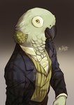 anthro beak black_beak bow_tie clothed clothing fingers grey_body jacket male shirt solo tan_eyes topwear vest mrdelta rusty_lake rusty_lake_roots harvey_(rusty_lake) avian bird parrot 2024 absurd_res hi_res