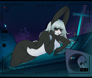 anthro black_bars camera_overlay camera_view female fur hair looking_at_viewer nude smile solo tail text tongue tongue_out kaiwhero ghost lagomorph leporid mammal rabbit spirit absurd_res digital_media_(artwork) hi_res letterbox