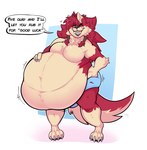 2024 accessory anthro awoogasm belly big_belly canid canine canis digital_media_(artwork) english_text fur hair_accessory hair_tie hi_res huge_belly hyper hyper_belly looking_at_viewer male mammal moobs one_eye_closed overweight overweight_anthro overweight_male red_body red_fur simple_background smile solo tail text vox_(awoogasm) wink wolf