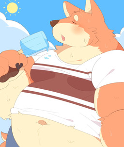 anthro belly big_belly blush bodily_fluids clothing eyes_closed kemono male navel outside overweight overweight_male shirt solo sun sweat topwear 0119_muu canid canine canis domestic_dog mammal 2021 hi_res