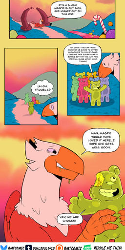 ambiguous_gender beak candy candy_cane candy_gore dessert detailed_background dialogue feathered_wings feathers feet feral food gore gummy_(food) holding_someone male smile talons technically_vore teeth text toes toothed_beak vore wings dualsoul1423 raph13th mythology riddle_me_this! ajax_(riddle_me_this!) avian food_creature gryphon gummy_creature humanoid living_candy mythological_avian mythological_creature absurd_res comic english_text hi_res
