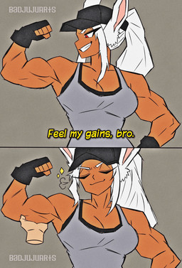 2_panel_comic alternate_ending baseball_cap biceps bra breasts cleavage clothed clothing confident dark_body dark_skin dialogue disembodied_hand duo exercise_clothing feeling_muscles female fingerless_gloves flexing flexing_bicep gloves good_ending grey_background grin hair hand_on_bicep handwear happy hat headgear headwear inviting long_hair medium_breasts muscular muscular_arms muscular_female muscular_humanoid ponytail pov_hands proud red_eyes shirt simple_background smile solo_focus sports_bra talking_to_viewer tank_top text topwear underwear white_hair badjujuarts go_on_feel_it my_hero_academia rumi_usagiyama animal_humanoid humanoid lagomorph lagomorph_humanoid leporid_humanoid mammal mammal_humanoid rabbit_humanoid 2026 absurd_res comic digital_drawing_(artwork) digital_media_(artwork) english_text film_grain hi_res redraw