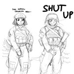 1:1 2019 angry anthro armor bucky_(hladilnik) canid canine canis clothing dialogue domestic_cat domestic_dog duo english_text felid feline felis female genitals group_masturbation headgear helmet hi_res hladilnik male mammal masturbation masturbation_through_clothing military monochrome penis samantha_thott simple_background sketch tail tail_motion tailwag text