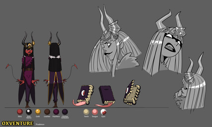 1_eye 2_horns 4_fingers ambiguous_gender bangs black_hair black_horn black_lips boots brown_boots brown_clothing brown_footwear cape clothed clothed_female clothed_humanoid clothing color_swatch dress duo empty_eyes fangs female female_humanoid fingers footwear frown grey_body grey_hair grey_horn grey_skin grimoire hair head_accessory horn horn_jewelry horn_ring humanoid_pointy_ears jewelry larger_female larger_humanoid light lips long_hair long_tongue looking_at_viewer looking_back looking_back_at_viewer not_furry open_frown open_mouth pink_tongue pointed_tail pointy_ears pupils purple_cape purple_clothing purple_dress red_body red_eyes red_pupils red_skin ring_(jewelry) sharp_teeth shoes simple_background size_difference smaller_ambiguous standing tail teeth text thin_tail tongue tongue_out toothy_grin inkarat_mittongtare dungeons_and_dragons hasbro oxventure wizards_of_the_coast frisky_(oxventure) prudence_(oxventure) horned_humanoid humanoid living_book monster tailed_humanoid tiefling 2019 5:3 absurd_res adobe_photoshop_(artwork) cel_shading character_name colored digital_drawing_(artwork) digital_media_(artwork) english_description english_text hi_res lighting model_sheet shaded