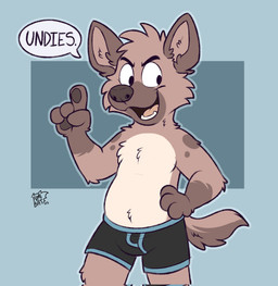 4_fingers anthro clothed clothing determined_look fangs featureless_chest fingers fur gesture gloves_(marking) hand_gesture hand_on_hip male markings multicolored_body multicolored_fur open_mouth simple_background slightly_chubby solo spots tail teeth tongue underwear underwear_only fumi_bat mushy_(mushketeteery) hyena mammal hi_res signature