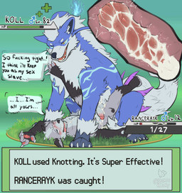 abdominal_bulge anal anal_knotting anal_orgasm anal_penetration animal_genitalia animal_penis anthro anthro_on_feral anthro_penetrated balls bestiality blue_body blush bodily_fluids canine_genitalia canine_penis cum cum_drip cum_in_ass cum_inside cum_on_belly cum_on_body cum_on_chest cum_on_face cum_on_self cum_while_penetrated curling_toes cutway dialogue dominant dominant_feral dominant_male dripping duo ejaculation embarrassed erection eye_roll feet feral feral_on_top feral_penetrating feral_penetrating_anthro from_front_position gameplay_mechanics genital_fluids genitals grey_body half-closed_eyes hand_above_head hands-free humanoid_genitalia humanoid_penis internal knot knotted_penis knotting large_penetration larger_feral larger_male leaking_cum looking_pleasured lying male male/male male_anthro male_feral male_penetrated male_penetrating male_penetrating_male narrowed_eyes on_back one_eye_closed open_mouth orgasm penetration penile penile_penetration penis penis_in_ass profanity sex size_difference smaller_anthro smaller_male smile smirk struggling submissive submissive_anthro submissive_male text tongue tongue_out yellow_eyes biskierisky nintendo pokemon devious_(kollbadoggo) kollbadoggo_(character) rancerayk0314_(character) canid canine canis fox mammal wolf english_text hi_res