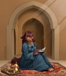 anthro barefoot book breasts brown_body brown_fur carpet clothing dress ear_piercing feet female food fur holding_book holding_object inside piercing reading reading_book sitting smile solo miltonholmes arabian_wolf canid canine canis mammal wolf 2021 hi_res