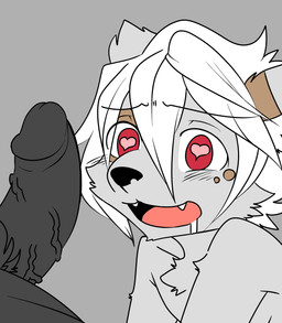 anthro black_body black_nose black_penis blush bodily_fluids brown_body brown_fur cheek_tuft chest_tuft cute_fangs drooling duo erection eye_through_hair eyebrow_through_hair eyebrows faceless_character faceless_male facial_tuft fangs foreskin fur fur_markings genitals grey_background grey_body grey_fur hair heart_eyes heart_pupils heart_symbol human_on_anthro humanoid_genitalia humanoid_penis interspecies looking_at_genitalia looking_at_penis male male/male markings multicolored_body multicolored_fur nude open_mouth penis penis_awe pink_eyes pubes retracted_foreskin saliva shota simple_background spots teeth translucent translucent_hair tuft two_tone_body two_tone_fur vein veiny_penis white_hair young young_anthro young_male saku1saya kita_(saku1saya) canid canine human mammal mustelid otter 2015 flat_colors hi_res