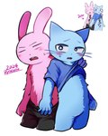 anthro blue_body blue_fur blush clothed clothing clothing_lift duo fur male pink_body pink_fur shirt shirt_lift simple_background topwear white_background ryokuousann domestic_cat felid feline felis lagomorph leporid mammal rabbit dated redraw