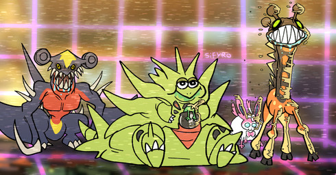 claws fangs humor long_neck muscular overweight pecs ribbons sandstorm spikes teeth trick_room blitzdrachin conditional_dnp mythology nintendo pokemon pokemon_champions_(game) dinosaur dragon eeveelution farigiraf garchomp generation_2_pokemon generation_4_pokemon generation_6_pokemon generation_9_pokemon giraffid mammal mega_evolution mega_tyranitar monster mythological_creature mythological_scalie pokemon_(species) prehistoric_species reptile scalie sinistcha sylveon tyranitar