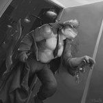 abs anthro biceps biped bottomwear chest_tuft clothed clothing detailed_background dorsal_fin fin gills hair inside male muscular muscular_anthro muscular_male noir pants pecs raining shirt short_hair solo tail tail_fin topwear tuft wet deriaz fish marine shark 1:1 2020 greyscale monochrome signature