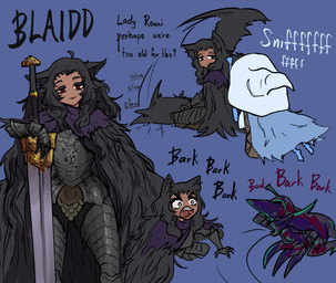 armor barking black_armor black_body black_eyebrows black_fur black_hair bloodhound_knight blue_cloak blue_clothing cloak clothing dark_body dark_skin dialogue eyebrows eyelashes female fur group hair hat headgear headwear holding_another holding_melee_weapon holding_object holding_sword holding_weapon inner_ear_fluff long_hair melee_weapon pointy_ears prick_ears purple_shawl red_eyes sharp_teeth sniffing_hair sword tail tail_motion tailwag teeth text trio tuft weapon white_clothing white_hat white_headwear witch_hat centurii-chan_(artist) elden_ring fromsoftware blaidd_(elden_ring) ranni_the_witch animal_humanoid canid canid_humanoid canine canine_humanoid humanoid mammal mammal_humanoid wolf_humanoid english_text hi_res