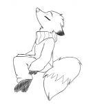 ambiguous_gender anthro barefoot biped bottomwear clothed clothing dipstick_ears ear_markings eyes_closed feet fluffy fluffy_tail fully_clothed head_tuft multicolored_ears neck_tuft pants simple_background sitting solo sweater tail topwear tuft turtleneck white_background skunkbutt_(artist) pack_street charlie_(weaver) canid canine corsac_fox fox mammal true_fox black_and_white monochrome