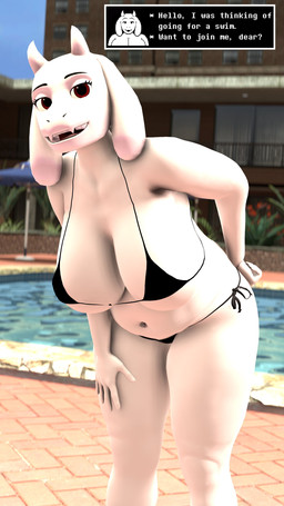 anthro big_breasts bikini bikini_bottom bikini_top black_bikini black_bikini_bottom black_bikini_top black_clothing black_swimwear breasts clothed clothing dialogue female fur greeting hand_on_hip horn long_ears looking_at_viewer mature_female navel open_mouth poolside red_eyes side-tie_bikini smile smiling_at_viewer solo string_bikini swimming_pool swimwear text text_box two-piece_swimsuit water white_body white_fur daemont92 virn_(modeler) undertale undertale_(series) toriel boss_monster_(undertale) bovid caprine goat mammal 2023 3d_(artwork) 9:16 absurd_res digital_media_(artwork) english_text hi_res