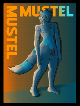anthro balls blue_body blue_eyes blue_fur blue_hair dotted_background fluffy fluffy_tail fur genitals gradient_background grey_body grey_fur hair looking_at_viewer male muscular nipples nude nude_anthro pattern_background penis simple_background slim solo standing tail three-quarter_view driftuwu domestic_ferret mammal mustelid musteline true_musteline weasel absurd_res hi_res shaded