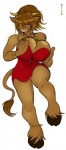 anthro big_breasts blue_eyes breasts clothing dress female hooves horn huge_breasts lips lipstick makeup red_clothing red_dress simple_background solo tail tail_tuft thick_lips tuft cryptozoo detani kylie_stone bovid bovine cattle mammal hi_res