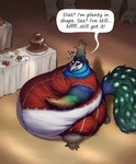 anthro avian_feet beak belly belly_jiggle belly_overhang big_belly big_butt biped blue_body blue_feathers bread butt candy chair chocolate chocolate_fountain classy claws clothed clothing croissant dessert detailed_background dialogue feather_hands feathers feet food fountain fruit fully_clothed furniture green_body green_feathers huge_thighs inside jiggling male morbidly_obese morbidly_obese_anthro morbidly_obese_male motion_lines muffin multicolored_body multicolored_feathers obese obese_anthro obese_male open_beak open_mouth overweight overweight_anthro overweight_male pastry plant solo speech_bubble strawberry talons text thick_thighs toes walking white_body white_feathers wide_hips sugarboy percival_crestfeather avian bird galliform peafowl phasianid absurd_res english_text hi_res