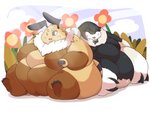 abdominal_bulge antennae_(anatomy) anthro belly belly_overhang black_body black_fur black_sclera bow_tie breasts brown_body brown_fur claws duo eyes_closed fangs female flower fur grass light male male/female moobs multi_eye navel neck_tuft nude obese obese_female obese_male obese_taur one_eye_closed outside overweight overweight_female overweight_male overweight_taur plant sitting smile sunlight teeth tuft weight_gain white_body white_fur wings yellow_body yellow_fur homemosaco poppy_(homemosaco) saco arachnid arthropod bee hymenopteran insect spider taur 4:3 absurd_res hi_res