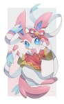 3_toes ambiguous_gender bell blue_eyes blue_inner_ear blush bow_(anatomy) clothing feet feral fur hair_bow_(anatomy) holowear_(pokemon) leg_markings looking_at_viewer markings monotone_tail multicolored_body multicolored_fur neck_bow_(anatomy) pink_body pink_ears pink_fur pink_nose pink_paws pink_tail pink_tongue quadruped red_clothing ribbons_(anatomy) shadow simple_background socks_(marking) solo tail toes tongue two_tone_body two_tone_fur white_background white_body white_fur nullma nintendo pokemon pokemon_unite new_year_style_sylveon eeveelution generation_6_pokemon pokemon_(species) sylveon colored digital_media_(artwork) digital_painting_(artwork) hi_res signature