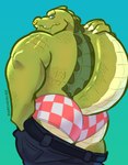 anthro big_butt big_muscles bottomwear bottomwear_down bubble_butt butt clothed clothing facial_piercing green_body green_scales looking_at_viewer looking_back male muscular muscular_anthro muscular_male nose_piercing nose_ring pants pants_down partially_clothed pattern_bottomwear pattern_clothing piercing rear_view ring_piercing scales solo tail tail_grab thick_arms thick_thighs topless topless_anthro topless_male underwear undressing beetleartz gabe_(kingmutt) alligator alligatorid crocodilian reptile scalie absurd_res hi_res