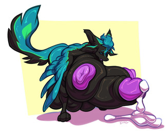 3_toes 4_ears 4_toes anthro areola balls big_balls big_breasts big_nipples big_penis black_balls black_body black_breasts black_ears black_feathers black_inner_ear black_penis black_sclera blue_body blue_ears blue_eyes blue_feathers blue_hair blue_wings bodily_fluids border breasts crouching cum cum_drip cum_on_ground dripping ejaculation feather_hair feathered_wings feathers feet genital_fluids genitals glans green_body green_feathers gynomorph hair huge_balls huge_breasts huge_nipples huge_penis humanoid_genitalia humanoid_penis hyper hyper_breasts hyper_genitalia hyper_penis intersex multi_ear nipples nude nude_anthro nude_gynomorph open_mouth penis pseudo_hair puffy_areola puffy_nipples purple_areola purple_glans purple_insides purple_mouth purple_nipples purple_tongue simple_background solo toes tongue white_border winged_arms wings yellow_background cannine_(artist) ralena/ralaku avali avian 2021 absurd_res hi_res herm_(lore)