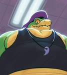 anthro belly big_belly black_clothing black_shirt black_tank_top black_topwear clothing green_body hat headgear headwear jewelry male necklace overhead_lighting overweight overweight_male pupils purple_clothing purple_hat purple_headwear shirt slit_pupils solo tank_top topwear yellow_eyes jasperthecrab brok_the_investigator cowcat_games pec_pov_meme brok_(brok_the_investigator) alligator alligatorid crocodilian reptile scalie hi_res