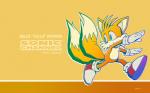 anthro biped blue_eyes clothing footwear fur gloves handwear male running shoes simple_background smile solo white_body white_fur yellow_background yellow_body yellow_fur yuji_uekawa sega sonic_channel sonic_the_hedgehog_(series) miles_prower canid canine fox mammal 16:10 halftone hi_res official_art wallpaper widescreen