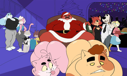 3_toes 4_fingers abs all_fours annoyed anthro anthro_on_anthro apron ass_to_ass barefoot belly big_belly big_breasts big_butt big_muscles big_pecs big_penis black_clothing black_dress black_eyebrows black_eyes black_eyeshadow black_necktie black_nose black_shirt black_tank_top black_topwear blep blonde_hair blue_body blue_clothing blue_fur blue_hair blue_shirt blue_tail blue_tank_top blue_topwear bodily_fluids bottle bottom_heavy bottomless bottomless_anthro bottomless_male bottomwear breasts broken_teeth brown_body brown_fur brown_hair buckteeth butt chair cheek_tuft christmas_clothing christmas_decorations christmas_headwear christmas_lights christmas_tree cleavage_cutout closed_smile clothed clothing confusion container costume crowd curly_hair curvy_figure cute_fangs cutout detailed_background dress erection erection_under_clothing eyebrows eyeliner eyes_closed eyeshadow facial_hair facial_tuft fangs feet female fingers food footwear frown fur furniture genitals glistening glistening_body glistening_butt glistening_skin gloves_(marking) grey_body grey_fur grey_hair grey_markings grey_tail group hair hair_over_eyes half-closed_eyes hand_behind_head hand_on_butt handwear hat headgear headwear heart_cutout holding_clothing holding_footwear holding_object holding_shirt holding_socks holding_topwear holidays huge_butt huge_pecs huge_thighs humanoid_hands kneeling leg_markings long_hair long_tail looking_at_another makeup male male/male markings meat mohawk moobs mouth_closed multicolored_body multicolored_clothing multicolored_fur muscular muscular_anthro muscular_male mustache narrowed_eyes necktie notched_ear nude open_mouth orange_body orange_fur oven_mitts overweight overweight_anthro overweight_male pants party pear-shaped_figure pecs penile penis pink_body pink_clothing pink_fur pink_hair pink_nose pink_sweater pink_tail pink_tongue pink_topwear plant pupils purple_background red_body red_clothing red_fur red_hair santa_costume santa_hat shirt short_tail simple_background sitting skirt slit_pupils small_tail smile socks socks_(marking) spots spotted_body spotted_fur stairs standing sweat sweater sweatpants sweaty_face tail tan_body tan_fur tank_top teeth thick_thighs toes tongue tongue_out top_heavy topwear tree trio_focus tuft two_tone_body two_tone_clothing two_tone_fur two_tone_hat voluptuous voluptuous_anthro voluptuous_female white_body white_clothing white_fur white_sclera white_shirt white_topwear wide_hips yellow_clothing yellow_sclera yellow_shirt yellow_teeth yellow_topwear conditional_dnp erobos christmas barry_(erobos) bohdie_(erobos) nikki_(eroborus) paris_(eroborus) roz_(erobos) calico_cat canid canine canis domestic_cat domestic_dog felid feline felis mammal 2025 colored digital_drawing_(artwork) digital_media_(artwork) flat_colors hi_res brother_(lore) brother_and_sister_(lore) brothers_(lore) father_(lore) father_and_child_(lore) father_and_son_(lore) parent_(lore) parent_and_child_(lore) parent_and_son_(lore) sibling_(lore) sister_(lore) son_(lore)