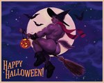 anthro bat big_butt boots bottomwear broom broom_riding butt canid canine canis cleaning_tool clothing cloud fingerless_gloves food footwear fruit gloves halloween handwear hat headgear headwear hi_res holidays jack-o'-lantern male mammal mezcal_(artist) moon mostly_nude muscular muscular_anthro muscular_male night plant pumpkin purple_body red_nose scarf smile solo star thong underwear witch_hat wolf