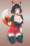 4_fingers anime_eyes anime_style big_breasts bottomwear breasts choker cleavage clothed clothing dipstick_tail female fingers fox_ears fox_tail fur gloves hair handwear inner_ear_fluff jewelry kneeling light_body light_skin markings necklace orange_body orange_ears orange_fur red_bottomwear red_clothing red_eyes red_skirt simple_background skirt solo tail tail_markings topwear tuft white_inner_ear_fluff white_tail_tip avius animal_humanoid canid canid_humanoid canine canine_humanoid fox fox_humanoid humanoid mammal mammal_humanoid digital_media_(artwork) full-length_portrait hi_res portrait