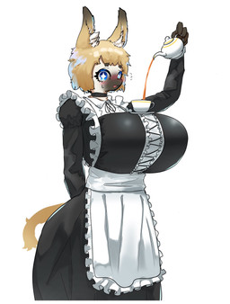 anthro apron big_breasts black_clothing black_dress black_snout blue_eyes breasts clothing container cup dress ears_up eyelashes female female_anthro fur huge_breasts inner_ear_fluff looking_at_viewer maid_uniform simple_background solo sparkles sparkling_eyes standing tail tea_cup teapot tuft uniform white_background white_body white_fur kua_yagi canid canine canis domestic_dog mammal hi_res
