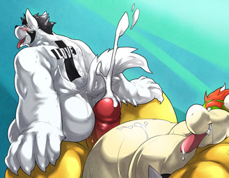 5_fingers accessory anthro anthrofied belly biceps big_butt big_muscles big_penis black_hair black_markings black_nose blush bodily_fluids butt christian_symbol claws cross cum cum_on_back cum_on_belly cum_on_body cum_on_butt cum_on_chest cum_on_face cum_on_penis cum_on_tail cum_on_tongue cum_string cumshot dog_tail dominant dominant_male drooling duo ejaculation erection eyebrows eyes_closed facial_markings fangs fingers foreskin from_behind_position fur genital_fluids genitals glans glistening green_body green_skin hair happy head_markings horn hot_dogging humanoid_genitalia humanoid_penis iconoclasm interspecies larger_dom lying male male/male male_on_bottom male_on_top markings messy moobs muscular muscular_male nude on_back on_bottom on_top open_mouth orgasm overweight paws penis pink_body pink_penis pink_skin red_eyes red_hair red_penis religion religious_symbol retracted_foreskin reverse_cowgirl_position sacrilegious saliva sex shadow sharp_teeth short_hair simple_background sitting size_difference smile spikes spread_legs spreading submissive sweat tail tan_body tan_nose tan_skin tattoo teeth text tongue tongue_out vein white_body white_fur yellow_body yellow_skin kokukokuboo bowser_day christianity mario_bros nintendo bowser langdon_marston canid canine canis domestic_dog husky koopa lizard mammal nordic_sled_dog reptile scalie spitz 2013 english_text hi_res