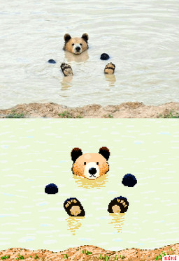 ambiguous_gender black_body black_ears black_fur black_nose comparison dirt dot_eyes eyes_closed feral fur grass partially_submerged pawpads photo plant simple_eyes smile solo tan_pawpads water keke_(artist) bear mammal animated digital_media_(artwork) pixel_(artwork) pixel_animation