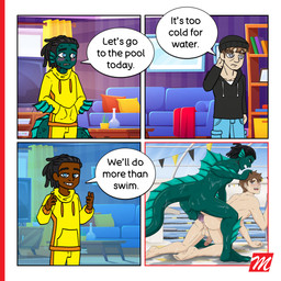 anthro balls black_hair blue_body blue_eyes bodily_fluids brown_body brown_skin building cum cum_inside dialogue dreadlocks duo ejaculation feet fin from_behind_position genital_fluids genitals hair house locks long_tail male male/male membrane_(anatomy) penis pulling_hair scales sex speech_bubble split_form standing swimming_pool tail text toes touching_hair transformation webbed_feet wet novel_bomb aquatic human humanoid mammal merfolk monster 1:1 absurd_res comic english_text hi_res