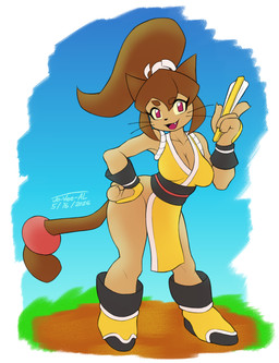 anthro breasts brown_body brown_hair collarbone cosplay crossover_cosplay eyebrows eyelashes eyewear eyewear_on_head female goggles goggles_on_head hair looking_at_viewer magenta_eyes open_mouth open_smile ponytail smile solo whiskers yellow_sclera jo-vee-al fatal_fury gameoverse glitch_productions kit_bodega mai_shiranui domestic_cat felid feline felis mammal 2026 crossover hi_res