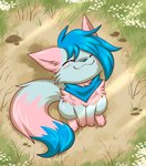 ambiguous_gender blue_body blue_fur blush blush_lines cheek_tuft chest_tuft detailed_background facial_tuft feet feral flower fluffy fluffy_tail fur grass hair hair_over_eye hindpaw kerchief leg_markings markings one_eye_obstructed paws plant pointy_ears prick_ears sitting smile socks_(marking) solo tail tuft ezpups bani_(ezpups) domestic_cat felid feline felis mammal 2021 hi_res icon