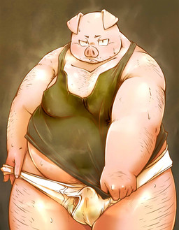 anthro barely_visible_genitalia barely_visible_penis bodily_fluids bulge clothing genitals hairy kemono male overweight overweight_anthro overweight_male penis shirt solo sweat topwear underwear chiro_(artist) domestic_pig mammal suid suine sus_(pig) 2015 hi_res