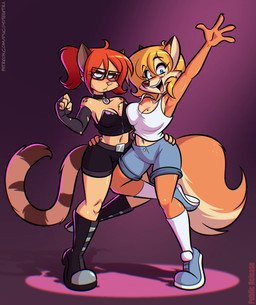 alternate_species anthro asymmetrical_breast_frottage belt blonde_hair blue_eyes boots bottomwear breast_squish breasts breasts_frottage clothing collar collarbone crop_top dipstick_ears duo ear_markings eyebrows eyelashes eyewear female fingerless_gloves footwear glasses gloves green_eyes hair handwear markings midriff mole_(marking) mole_on_breast mole_under_eye multicolored_ears navel open_mouth open_smile orange_body red_hair shirt shoes shorts smile squish tan_body topwear psicoyote cassandra_(psicoyote) veronica_(psicoyote) canid canine domestic_cat felid feline felis fox mammal 2026 absurd_res hi_res