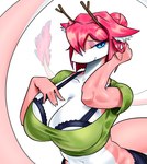 4_fingers anthro arms_bent bangs bedroom_eyes big_breasts blue_eyes bottomwear bra branch branch_horn breasts cleavage clothed clothed_anthro clothed_female clothing collarbone crop_top eyebrow_through_hair eyebrows eyelashes eyelashes_through_hair female female_anthro fingernails fingers glistening glistening_eyes green_clothing green_crop_top green_shirt green_topwear hair hair_bun hand_on_breast high-angle_view huge_breasts inner_ear_fluff kemono long_tail midriff multicolored_body multicolored_skin nails narrowed_eyes navel non-mammal_breasts non-mammal_navel noseless pink_body pink_ear pink_hair pink_skin pink_tail pivoted_ears plant plant_horn pseudo_horn pupils seductive sharp_fingernails sharp_nails shirt simple_background smile smiling_at_viewer snout solo tail tail_tuft thick_tail three-quarter_view topwear translucent translucent_hair tuft two_tone_body two_tone_skin two_tone_tail underwear white_background white_body white_inner_ear_fluff white_sclera white_skin white_tail wide_hips est mythology dragon mythological_creature mythological_scalie scalie 2025 absurd_res digital_media_(artwork) half-length_portrait hi_res portrait shaded