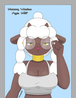 anthro big_breasts breasts brown_body clothing collar crop_top eyewear female freckles fur glasses horn looking_at_viewer shirt simple_background solo topwear wearing_glasses white_body white_fur wool_(fur) wool_hair yellow_eyes anuvisur_(artist) nintendo pokemon bovid caprine generation_8_pokemon mammal pokemon_(species) sheep wooloo absurd_res hi_res mother_(lore) parent_(lore)