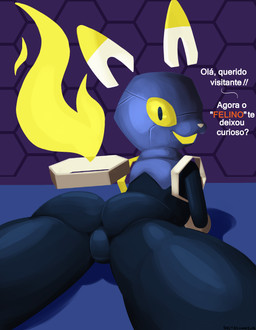 ambiguous_gender anthro blue_body butt featureless_crotch machine mascot null presenting presenting_hindquarters rear_view solo spread_legs spreading text yellow_eyes conditional_dnp deltasomnium e621 esix domestic_cat felid feline felis mammal robot hi_res portuguese_text translated