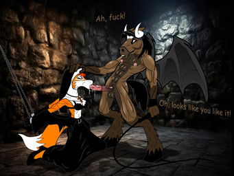 bodily_fluids bound chain chained cum cumshot dark dungeon duo ejaculation female genital_fluids male male/female nun profanity text setmann123 canid canine demon equid equine fox horse mammal english_text hi_res