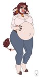 anthro bell bell_collar belly big_belly big_breasts blue_bottomwear blue_clothing blue_eyes blue_pants bottomwear breasts brown_hair clothed clothing collar eyelashes female front_view fur hair hand_on_belly logo pants pink_body pink_fur pregnant pregnant_anthro pregnant_female simple_background solo standing tail tail_tuft topwear tuft white_background white_body white_clothing white_fur white_topwear milk-jug bovid bovine cattle mammal artist_logo full-length_portrait portrait